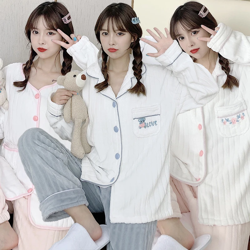 

2021 Winter Long Sleeve Thick Warm Flannel Pajama Sets For Women Loose Coral Velvet Sleepwear Suit Pyjamas Homewear Home Clothes