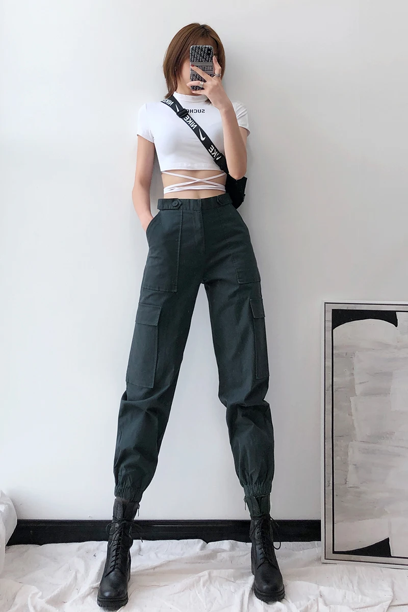

French overalls women's straight tube show thin loose BF Multi Pocket functional cool Street leisure sports Leggings