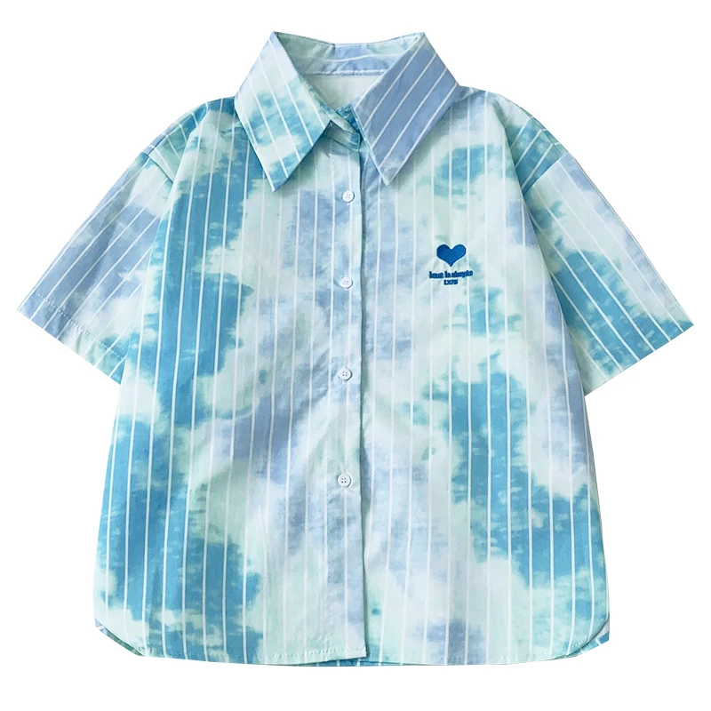 

Kimutomo Tie Dye Heart Embroidery Blouse Summer New Female Turn-down Collar Short Sleeve Breasted Shirt Women Chic Tops
