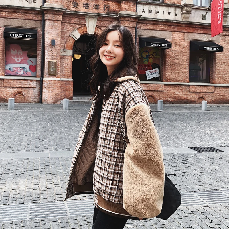 Lambswool Лоскутная утепленная куртка зимняя Осенняя Наплечная рукав с отворотом