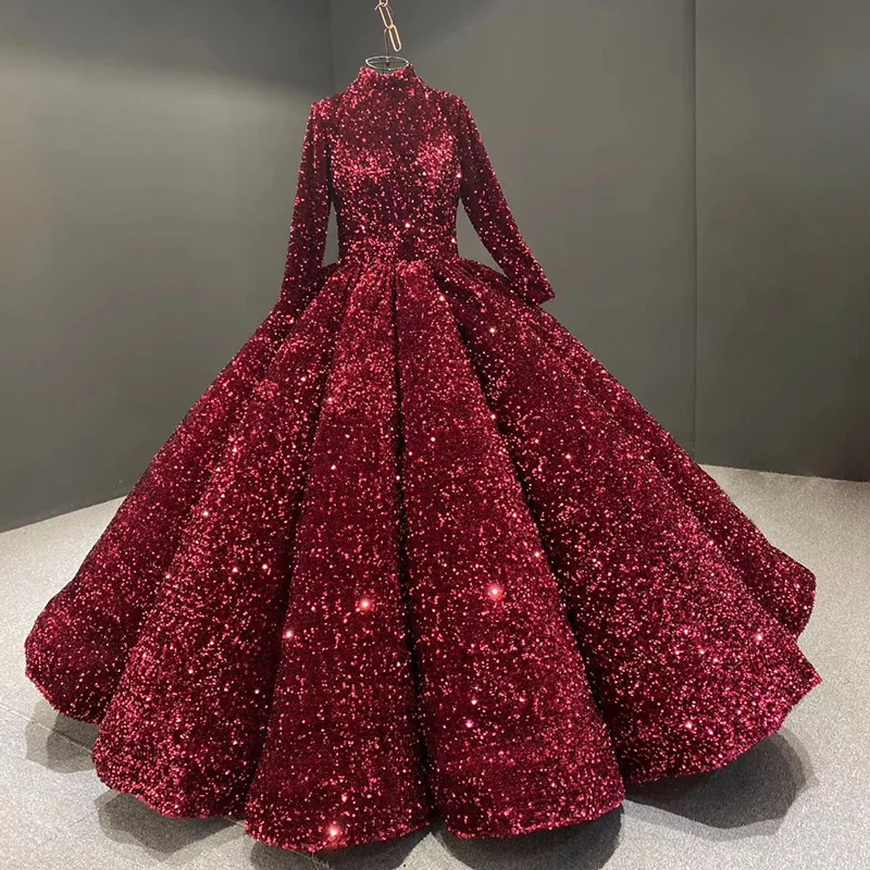 

Luxury Real photos Ball Gown Women High Neck Long Sleeves Sequin Glitter Open Back Corest Back Winter Wedding Dresses for Bride