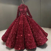 luxury real photos ball gown women high neck long sleeves sequin glitter open back corest back winter wedding dresses for bride