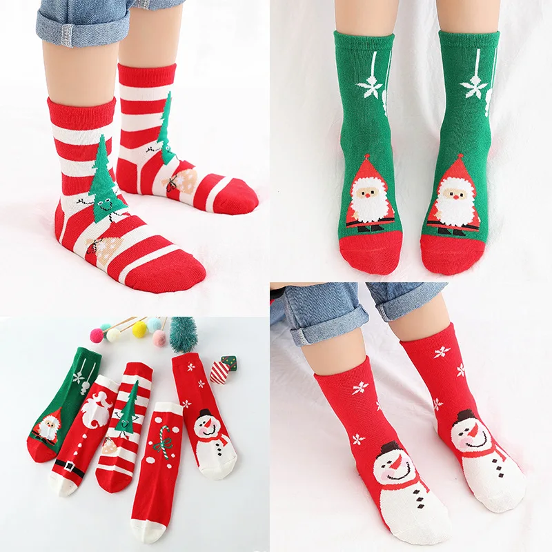 

5 Pairs Cartoon Striped Cotton Terry Socks Christmas Decorations Snowflake Elk Santa Claus Baby Girls Boys Sokken For 1-15 Years