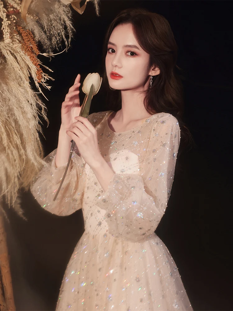 

Off-The-Shoulder Dress Long Short-Sleeved New Champagne Sequined Lace Evening Dress Fashionable And Elegant Party Prom Gown