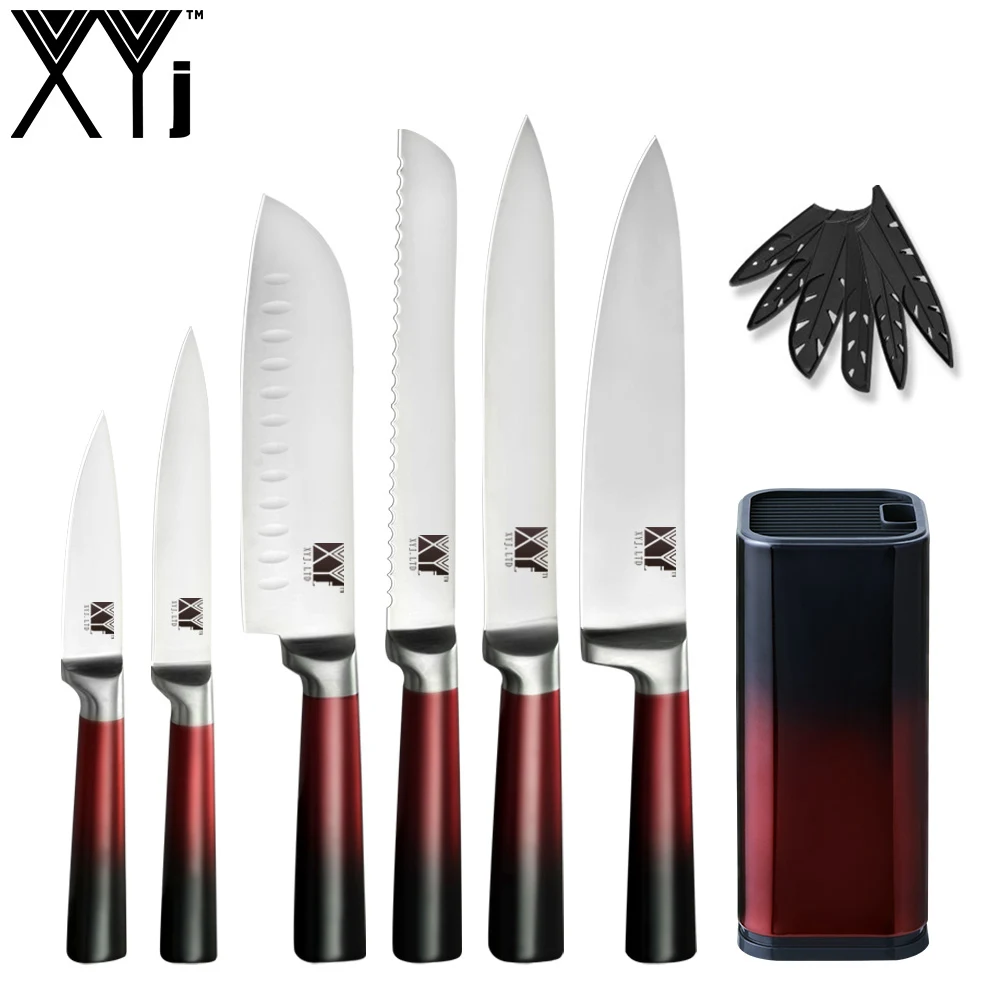 C.7PCS SET XYj кухонные ножи 9 шт. набор из нержавеющей стали поварские ножи точилка инструменты ножницы 8 ''Держатель ножей градиентный цвет кухонный аксессуар - Цвет: C.7PCS SET