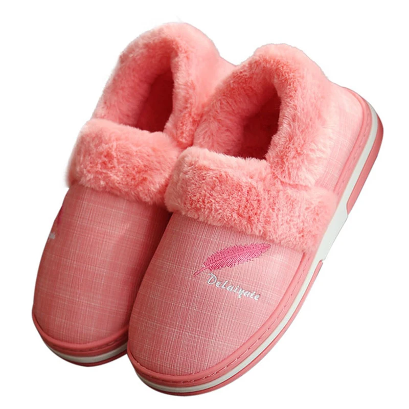 

Waterproof Indoor Shoes Woman Men Winter Home Slippers Faux Leather Warm Plush Lovers House Floor Slipper Anti-slip Footwear