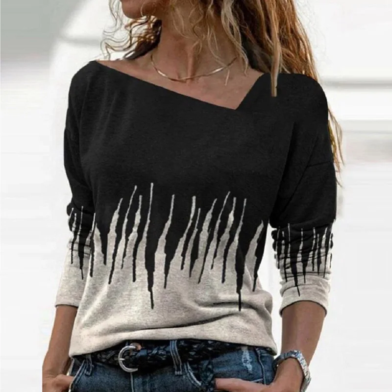 

Streetwear Fashion Icicle Printed Female Blouse Pullover Women Autumn Long Sleeve Shirt Casual V Neck Irregular Tops Shirt Blusa