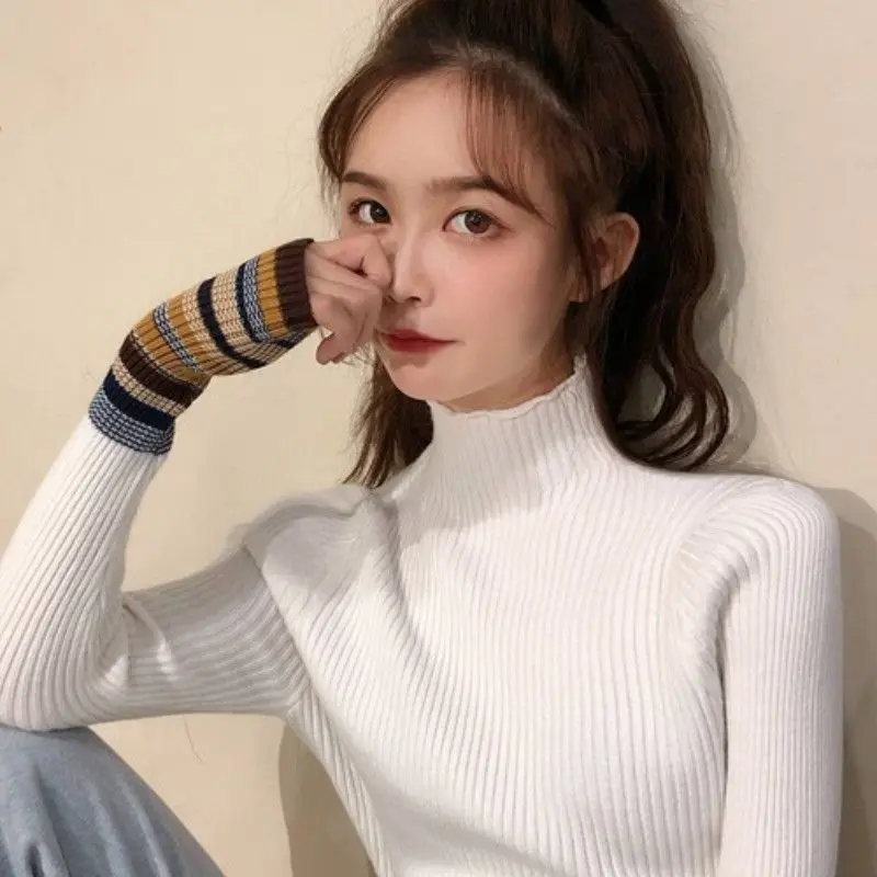

Sleeve color matching half high collar base shirt women's autumn winter 2019 new Korean slim basic knitted shirt women's top