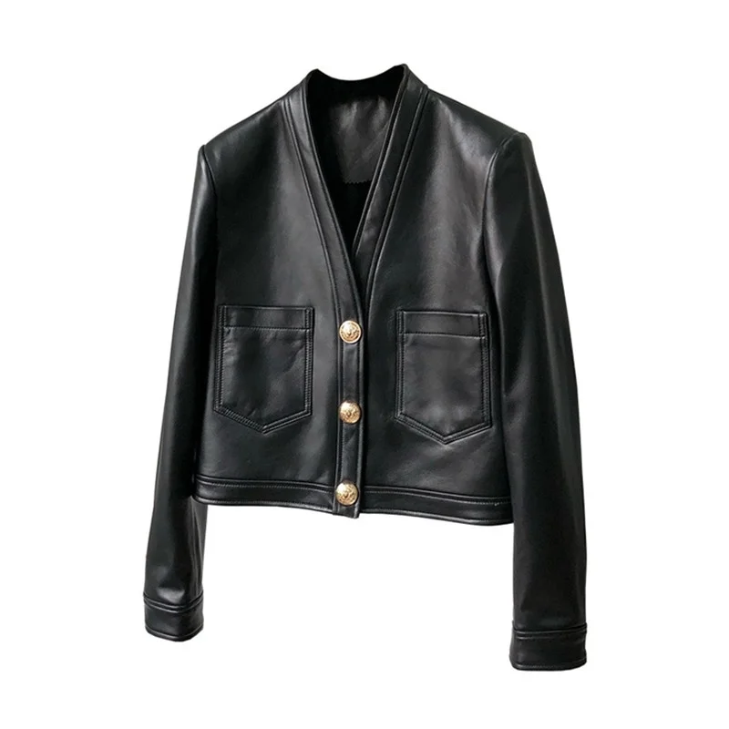 

Women Coat Spring Short Clothes Casual V-Neck Genuine Leather Jacket Long Sleeves Slim Style High Quality Sheepskin Lamb Skin