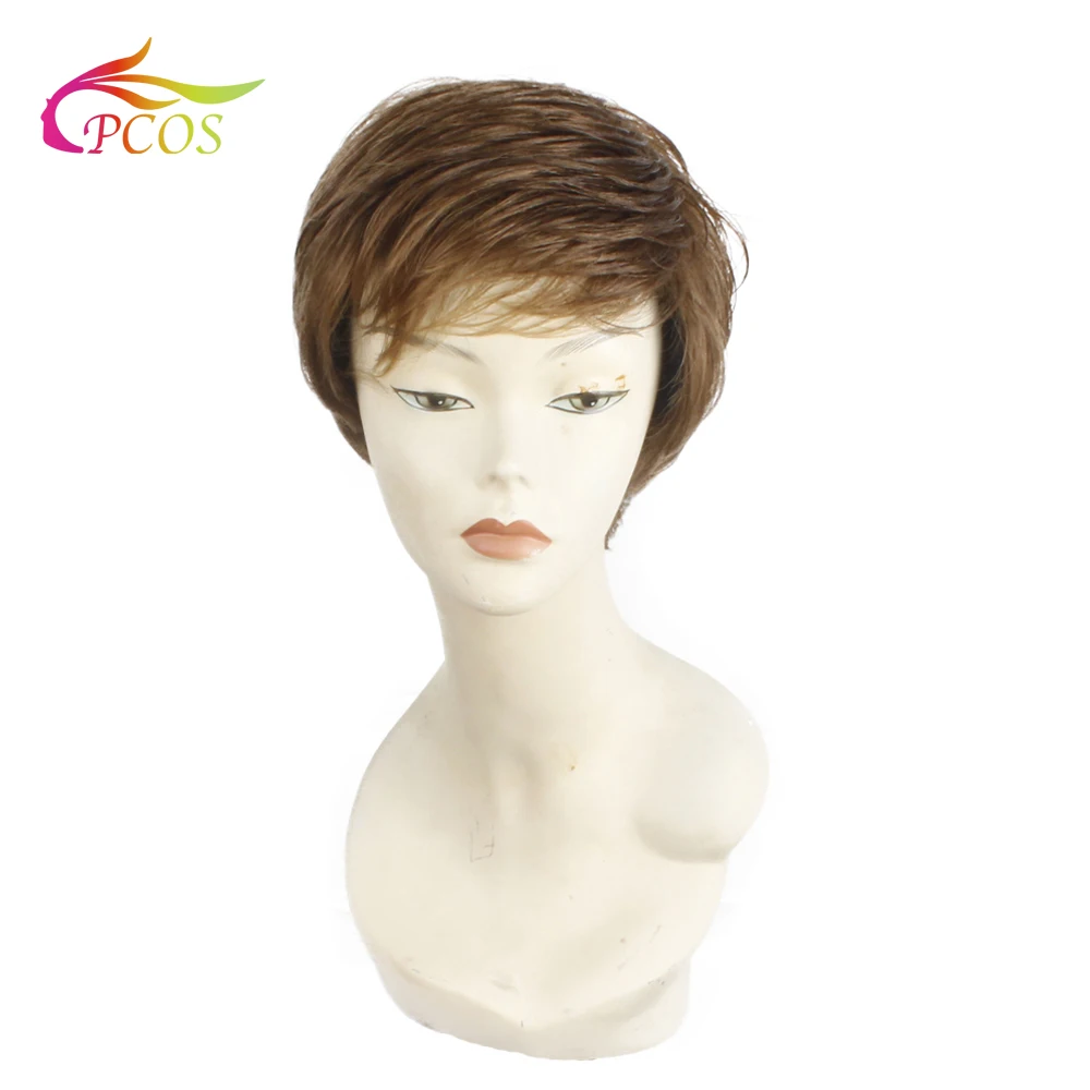 

Synthetic Capless Wig Brown Pixie Cut Hair Asymmetrical Side Bang Short Curly Wigs for women