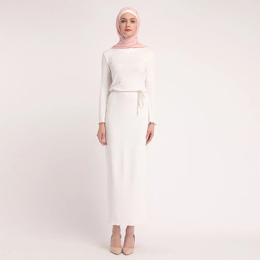 Saudi robes Slim fit inside long skirt Spring and autumn Muslim national cotton wavy side stretch long sleeve dress