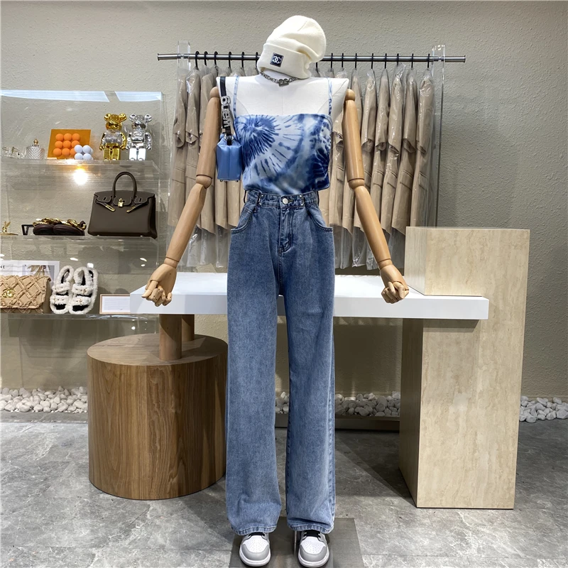

Niche Design Fashion High Waist Buckle To Show Thin Versatile Straight Leg Wide Leg Pants 2021 New Casual Wash Jeans Trousers