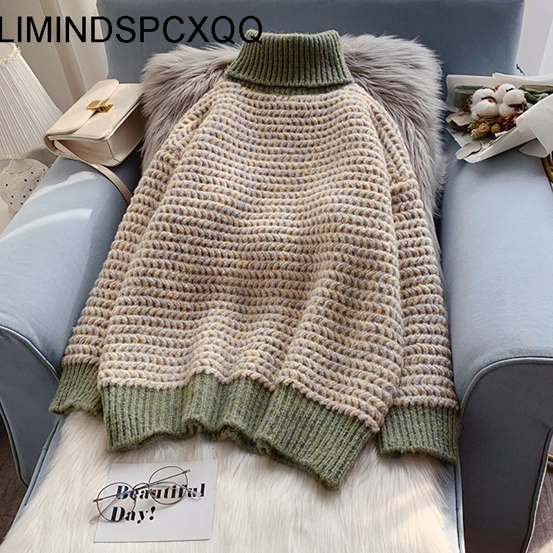

2022 Women Sweater Thicken Weave Turtleneck Pullover Knitted Coarse Yarn Casual Loose Hong Kong Style Thick Long Sleeve Tops