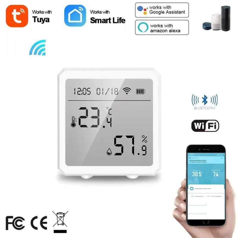 

Tuya-Sensor de temperatura y humedad WIFI para hogar inteligente a través del Control remoto de Smart Life, con pantalla, compat