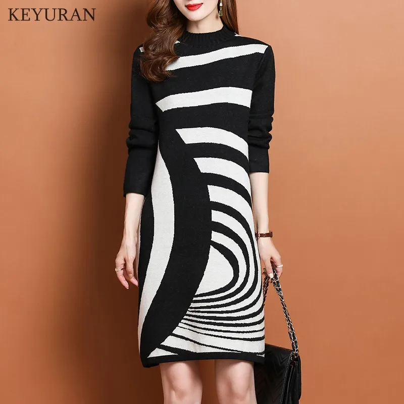 

Plus Size 2021 Autumn Winter Striped Knitted Dress Women Long Sleeve Ladies Loose Vintage Casual Sweater Dresses Vestidos Femme