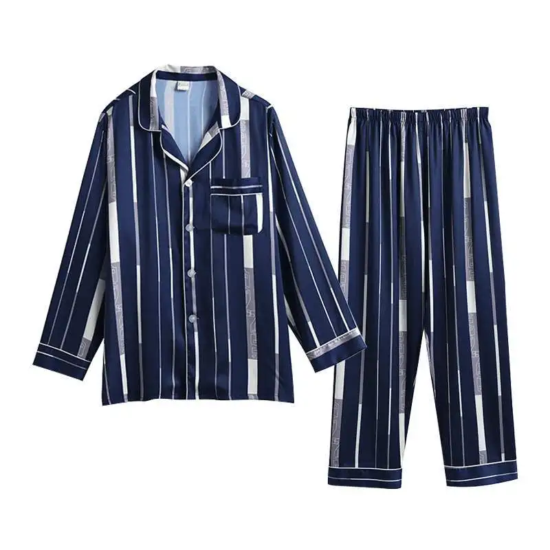 Summer Sleepwear Men's Pajama Man Set Lmitation Silk Pajamas For Men Cozy Soft Long Sleeve Nightgown Male Pyjamas Home Clothes