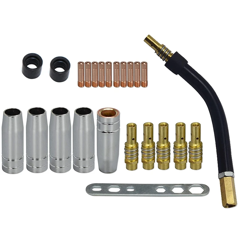 

24Pcs 15AK Binzel Torch Consumables Electrode And Shield Cups And Link Rod Tips Goose Neck Bend For MIG Welding Machine