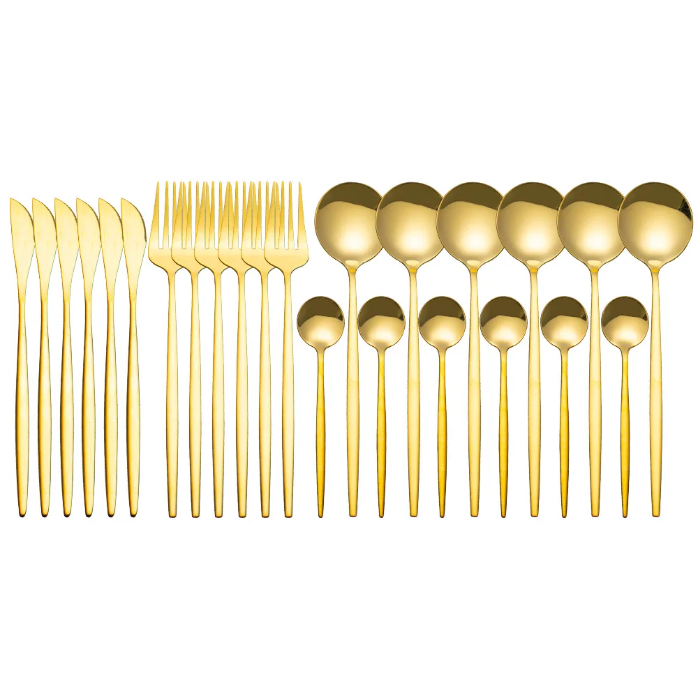 

24pcs Gold Dinnerware Set Mirror Stainless Steel Tableware Set Knife Fork Coffee Spoon Flatware Set Dishwasher Safe Cutlery Set