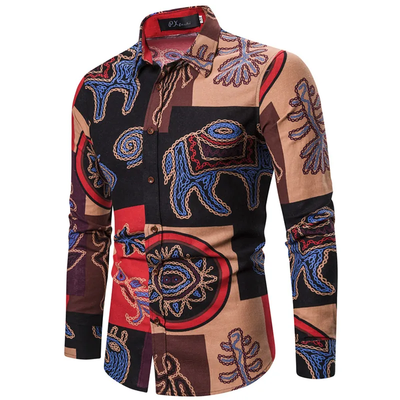 Рубашка Мужская льняная приталенная с длинным рукавом в клетку винтажная