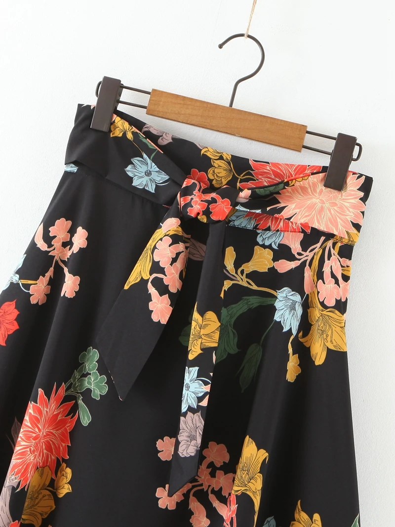 

Summer Women High Waist Flowers Skirt Knee Length With Sash Bow Elegant Vacation Beach Skirt XZ2334