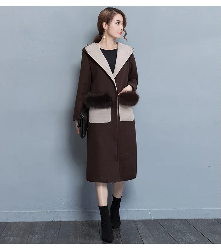 

JCHB 2021 Coat Pockets Blend Women Wool Patchwork Cashmere Jacket Slim Ladies Coats