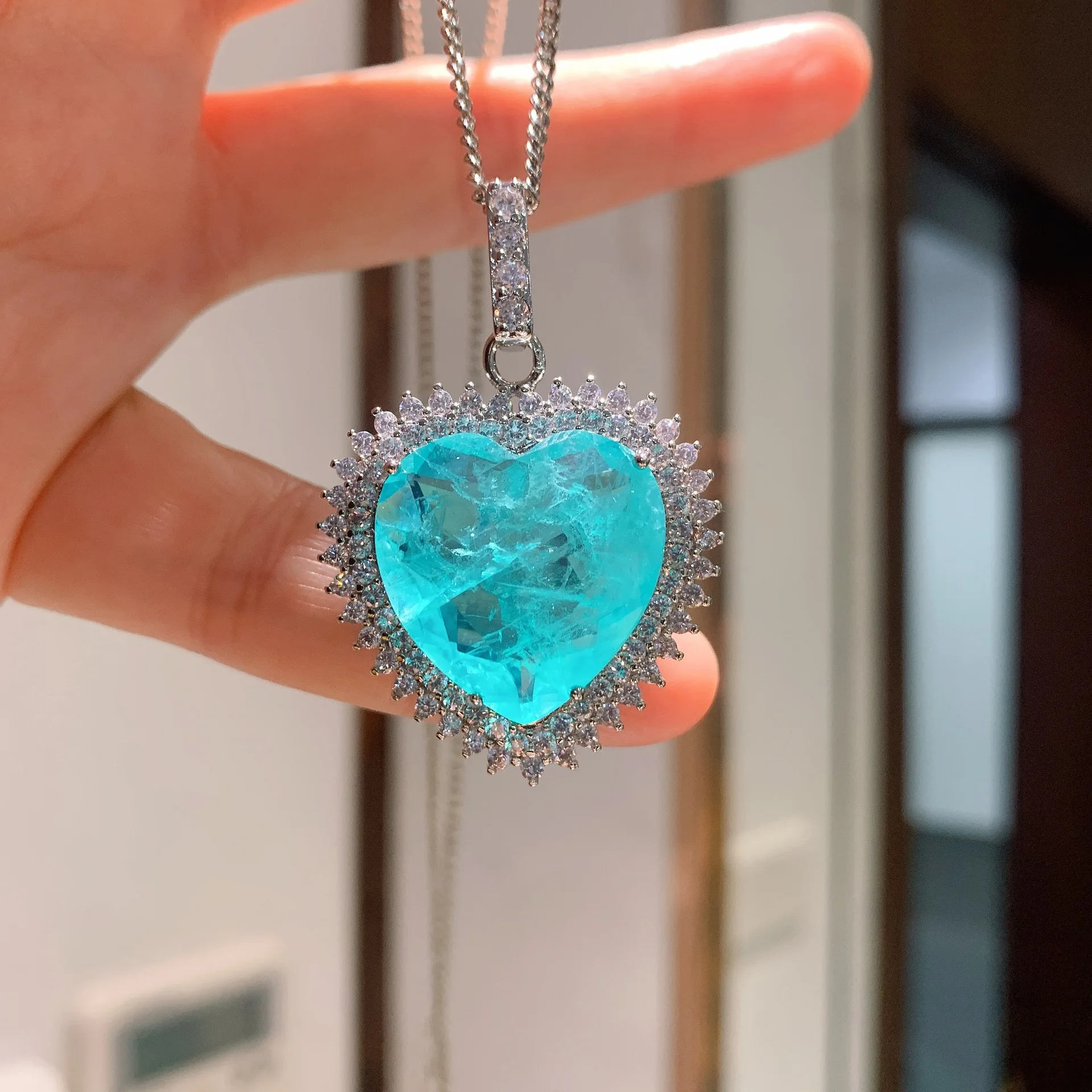 

RUZZALLATI Women Jewelry Silver Color Paraiba Tourmaline Lab Emerald Heart Pendant Necklace Promise Lover Chokers Chain
