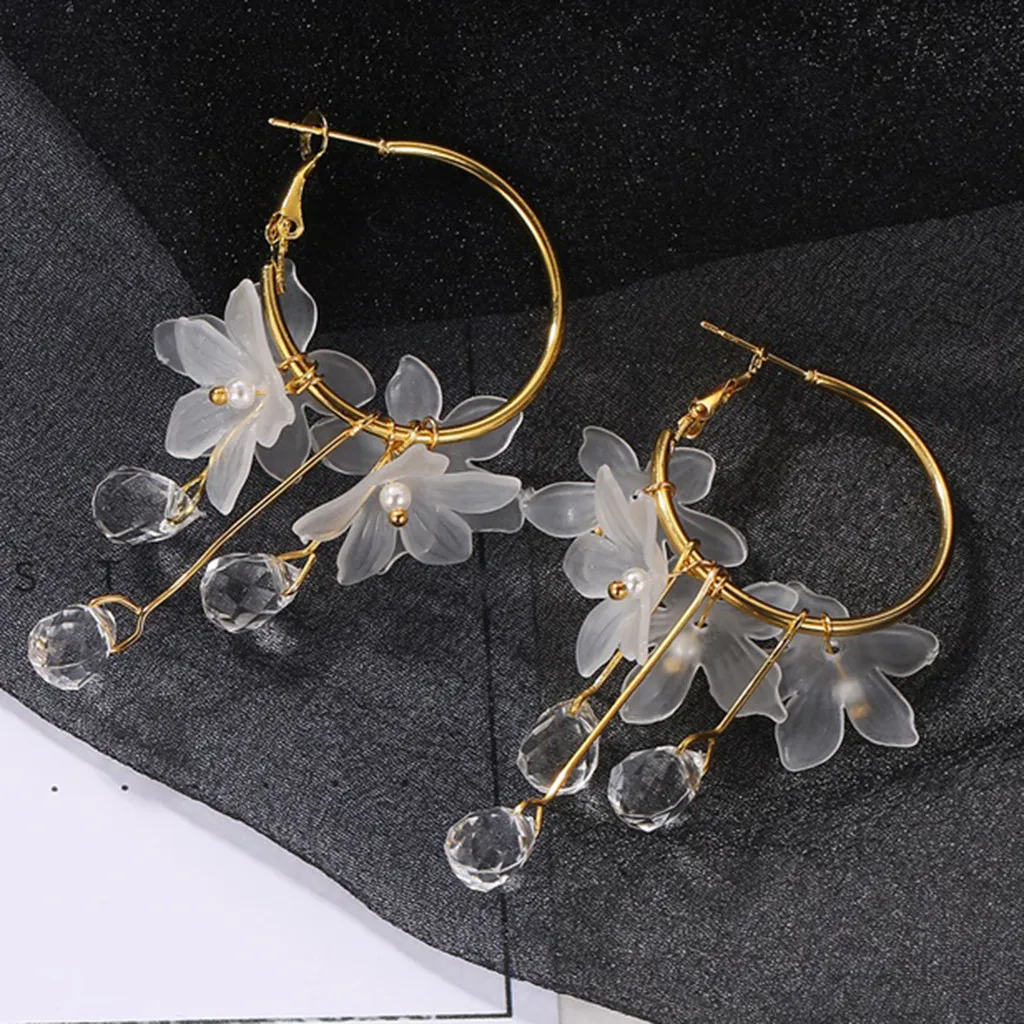 Красивые серьги для женщин темперамент Белый цветок кристалл кулон металл 1 пара