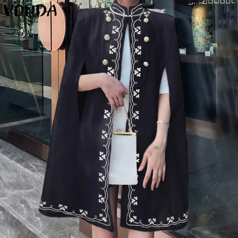 

Elegant Women Coats Office Cloak VONDA Femme Printed Sleeveless Jackets Casual Button Up Baggy Street Cardigan Oversized