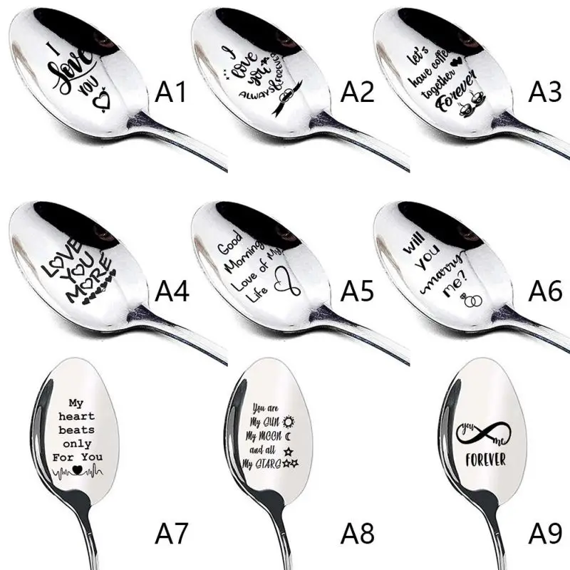 

Stainless Steel Lettering Coffee Spoon Set Valentines Wedding Day Gift Long Handle Teaspoon Tableware Dessert Spoon Christmas