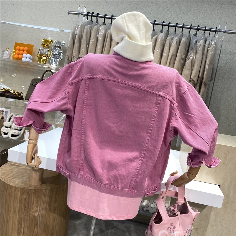 

Brand Original Design 2021 New Lapel Long Sleeve Loose Buttons Coat Pink Denim Pocket Jacket