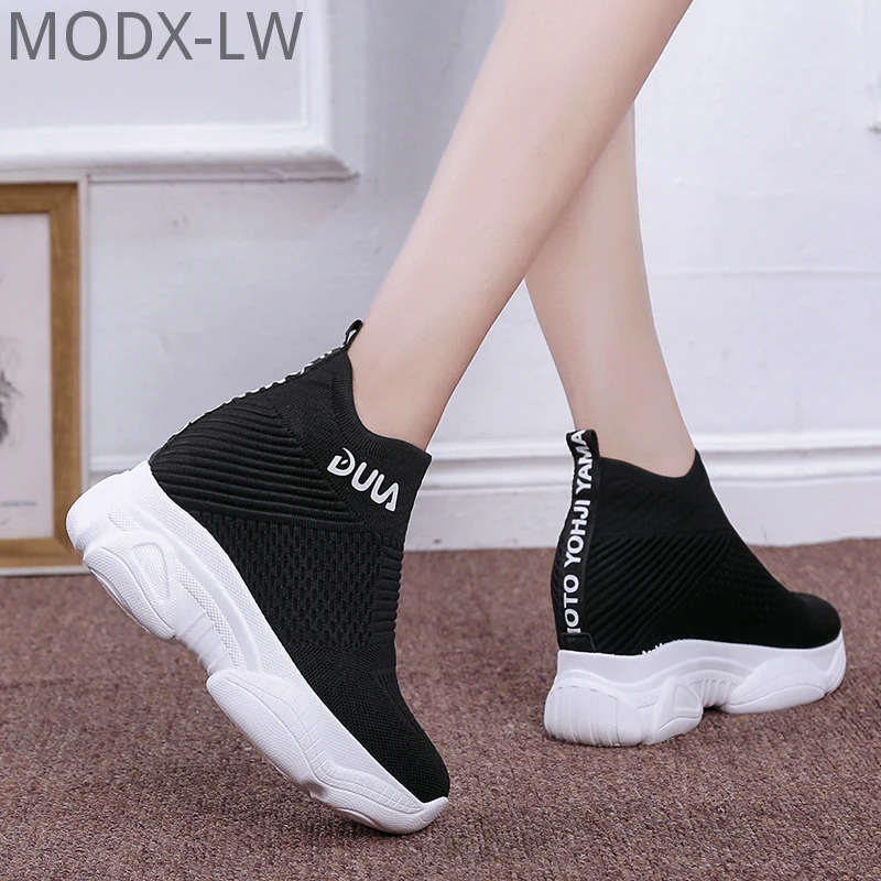 

Breathable Knitted Chunky Sneakers Women 2020 New Autumn Solid Wedge Sock Shoes Woman Thick Bottom High Top Shoes Female