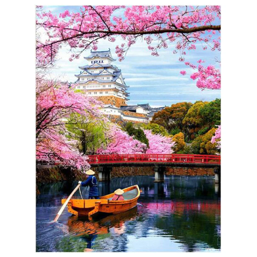 

5D Diamond Embroidery Cherry Blossom Temple Handicraft Diamond Painting Landscape Mosaic Boat Needlework Decor For Home BM174