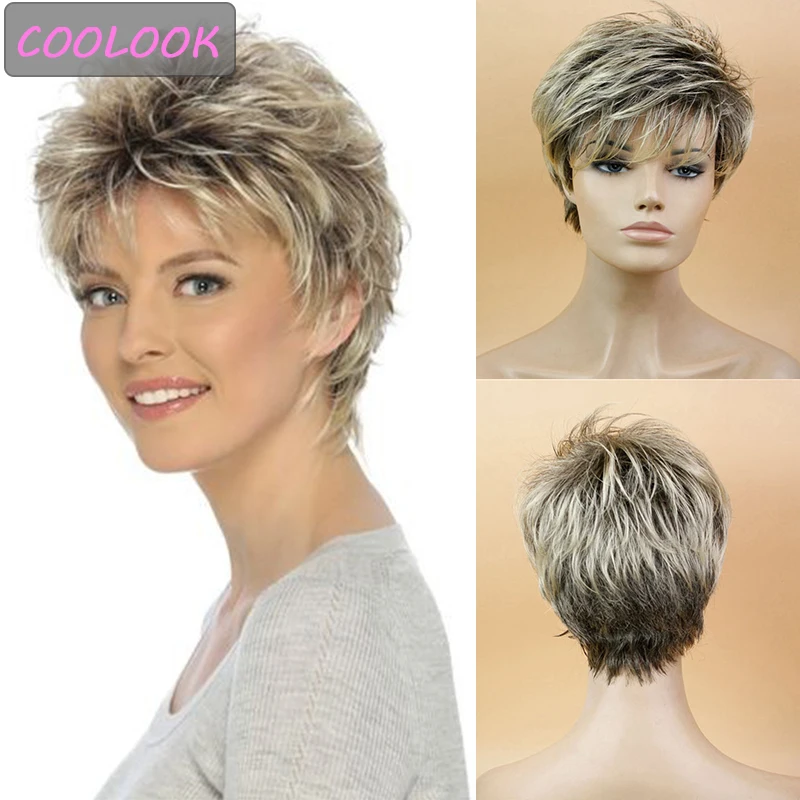 

Shaggy Bob Straight Wig with Side Bangs Natural Synthetic Short Hair Wig Ombre Blonde Brown Pixie Cut Cosplay Wigs for Women's