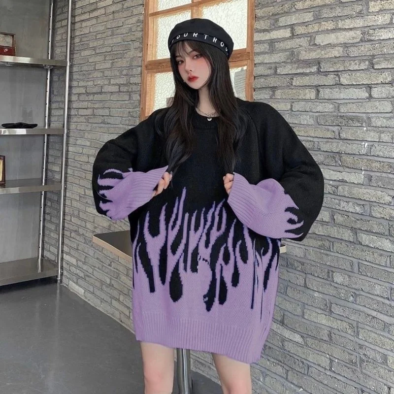 

High Street Fashion Brand BF Printing Flame Sweater Hot Sale Net Red New Round Neck Loose Sweater Women Flame Plus Size Sweater