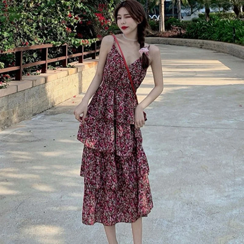 

Summer Korean Female Sleeveless Dresses Women Floral Printed Spaghetti Strap Sling Ankle-length Vestidos