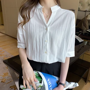 Women's Shirt Chiffon Blouses for Women Short Sleeve Shirts Women's Clothing 2021 White Polo Neck Button Up Blouse Female Shirts 10 item image