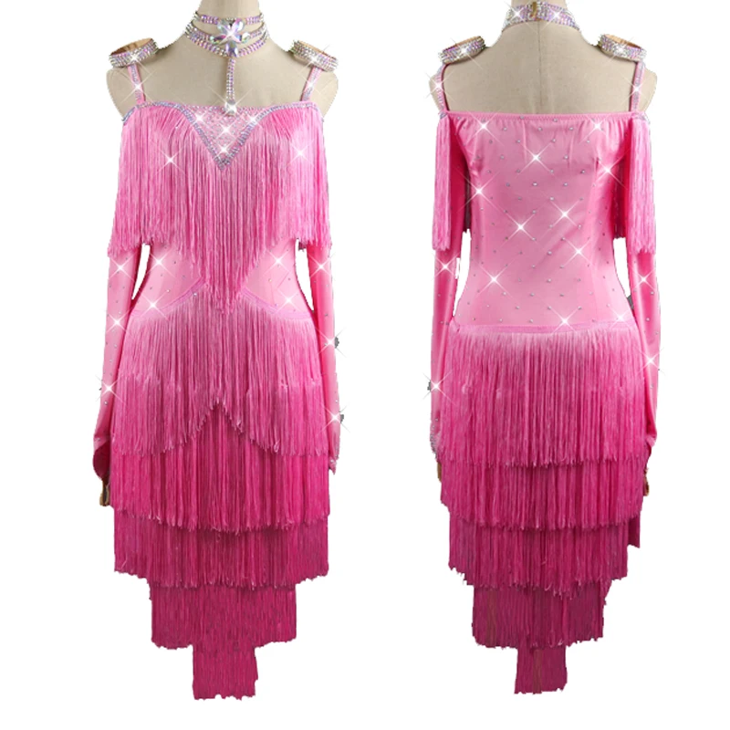 

Платье для латиноамериканских танцев, с розовой бахромой, стразы, танцевальная одежда для румбы, сальсы, самбы, соревнований, размер на зака...