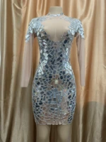 shining slive sequin mirror reflective long sleeve dresses mesh perspective women mini dress backless singer dancer stage wear