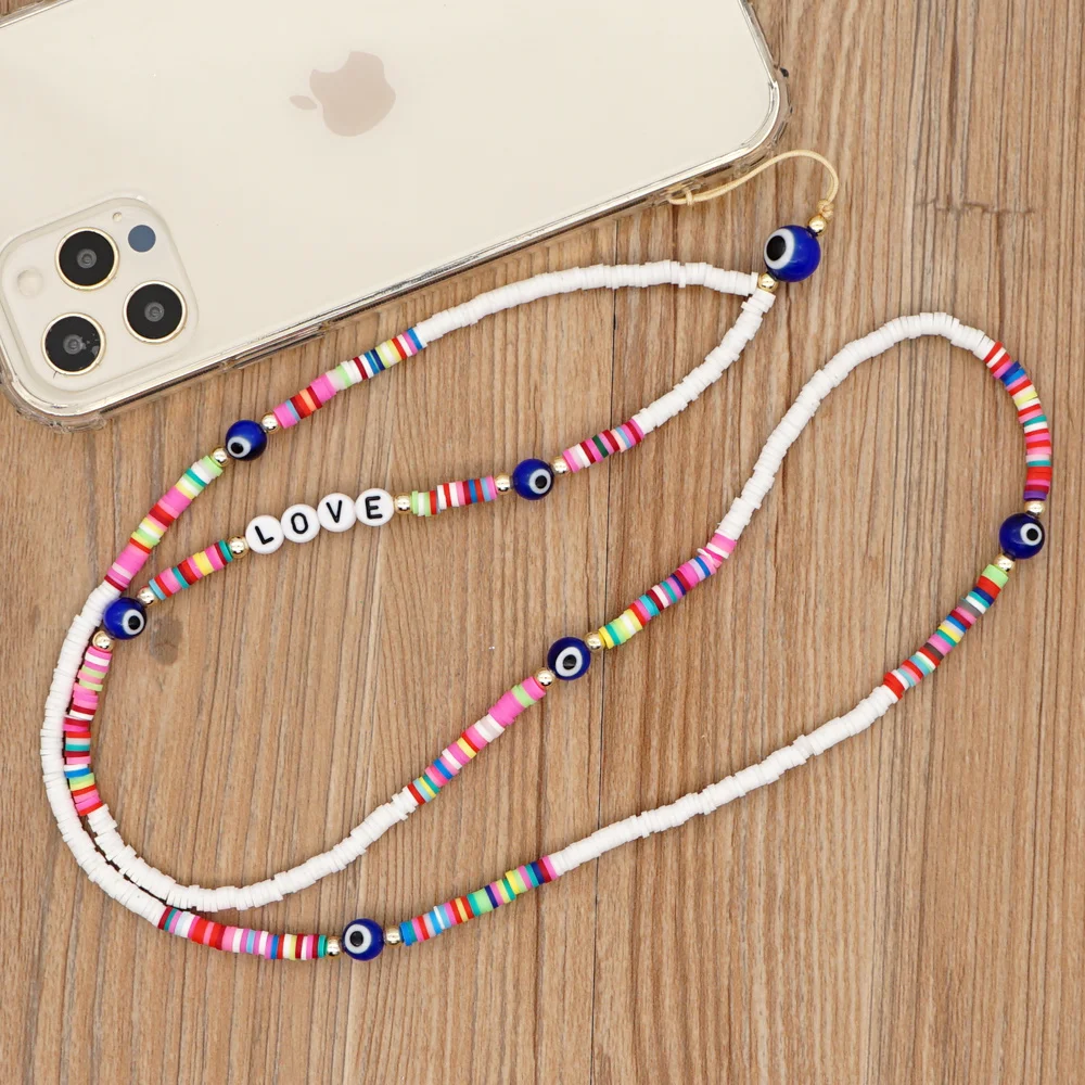 

Handmade Cell Phone Chains Evil Eye Pendants For Mobile Strap Clay Beads Necklace Telephone Jewelry Long Neck Chain Lanyard