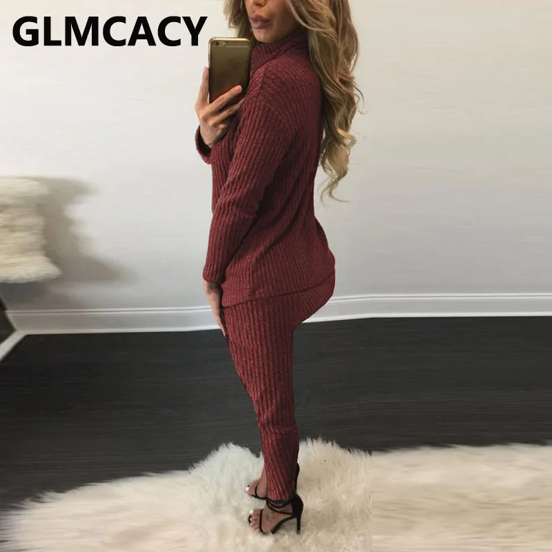 

Women Two Piece Casual Knitted Suits Lace Up Turtleneck Top & Slim Pants Set