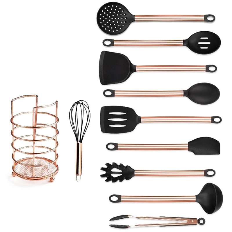 

Hot YO-11Pcs Copper Plated Handle Silicone Kitchen Tools Gadgets Nonstick Cooking Shovel Spoon Tool Set Kitchen Utensils Set Coo