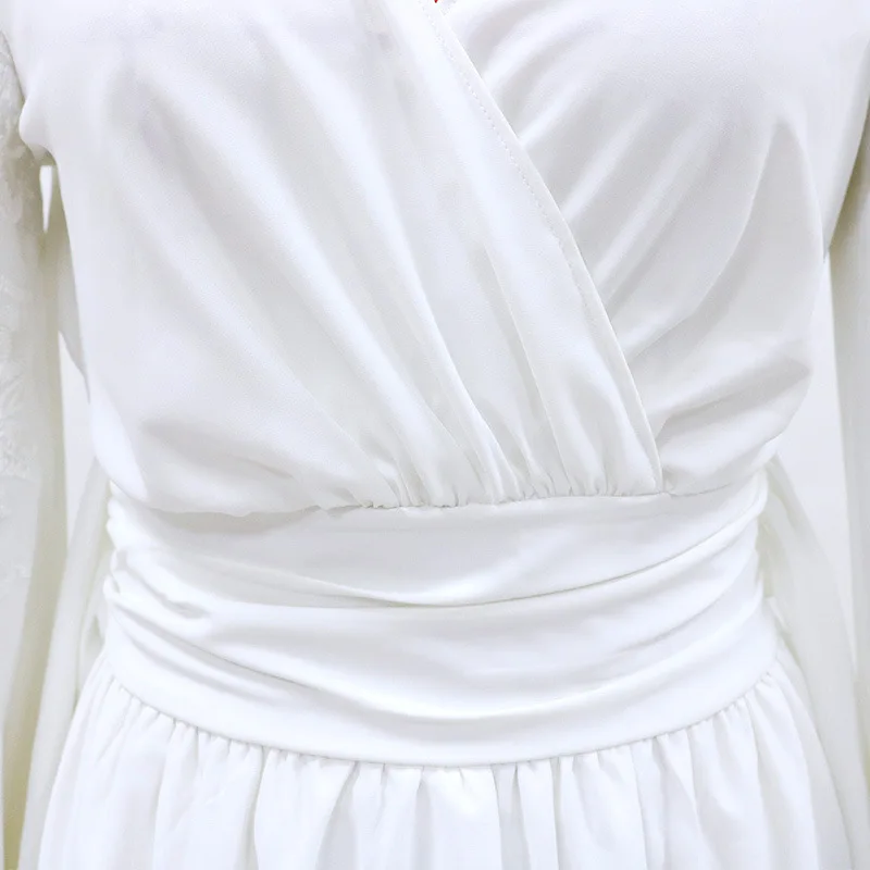 

2021 Sexy Deep V Neck White Lace Party Dress Chiffon Long Sleeve Floor Length Swing Maxi Dress Elegant Backless Women Dress