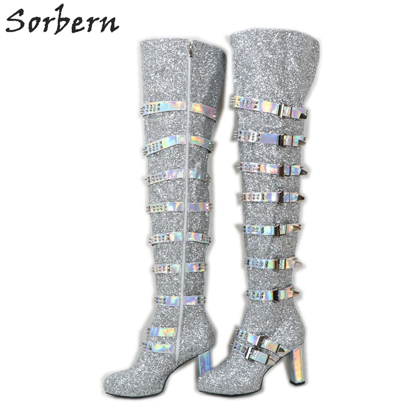 Ботинки кроссдрессеры с серебряными блестками в стиле панк|Ботфорты| |