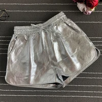 2020 new womens sheepskin shorts genuine leather shorts fashion high waist pants glossy silver sports shorts
