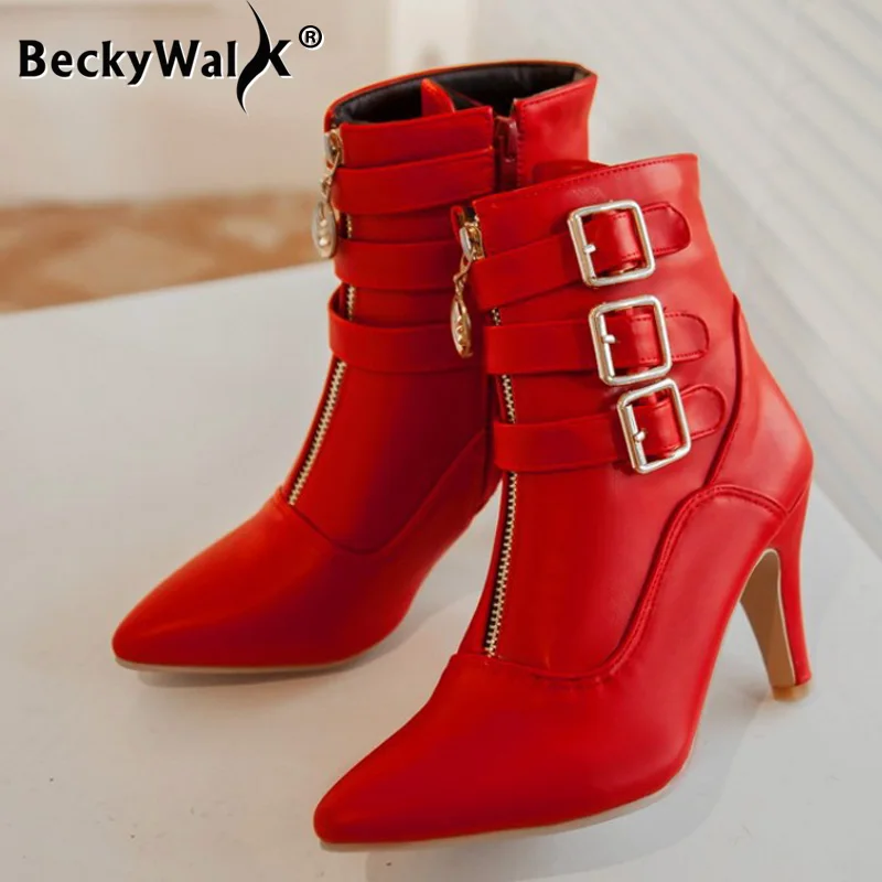 Женские ботинки с острым носком черные красные или белые ботильоны на высоком
