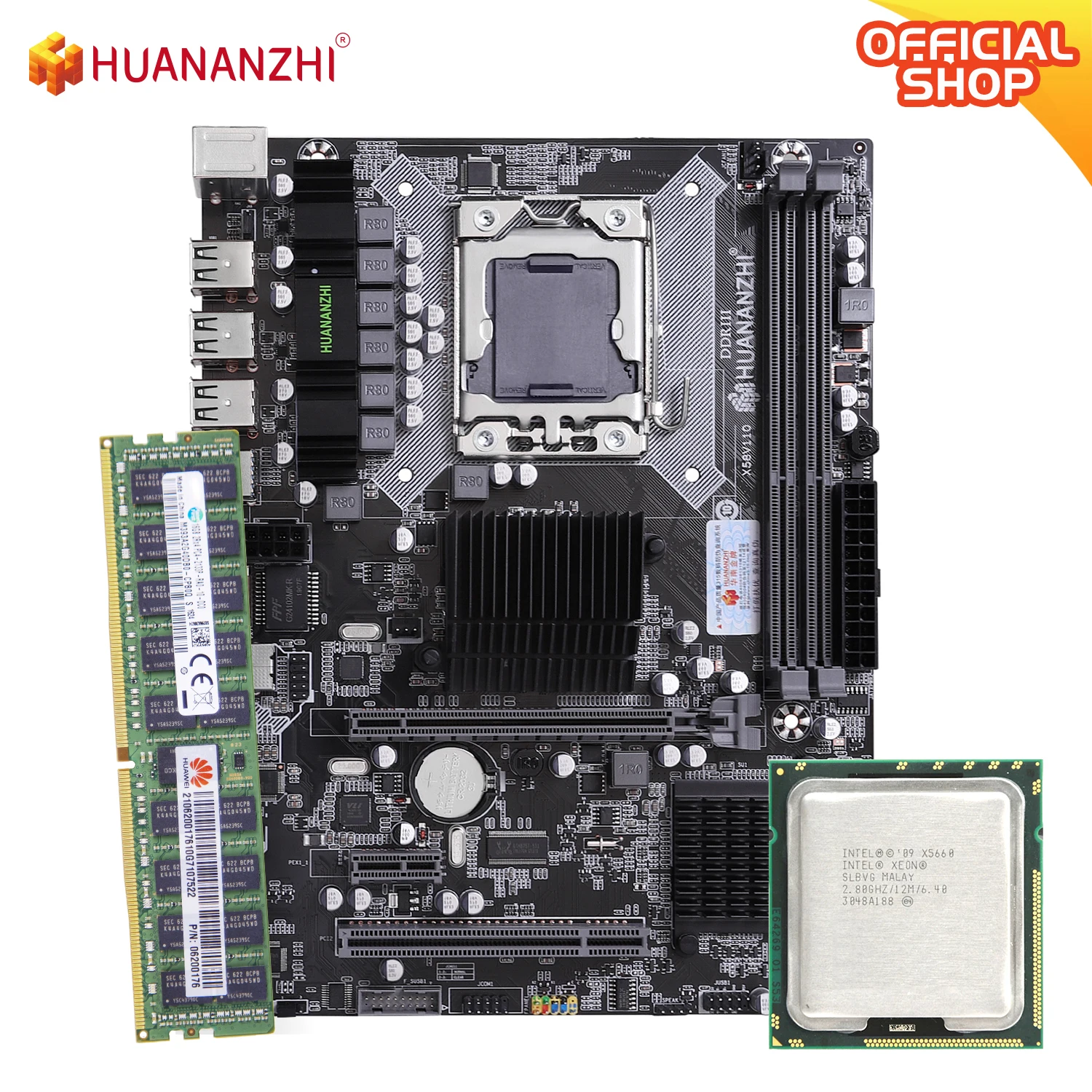 

HUANANZHI X58 LGA 1366 X58 motherboard with XEON X5660 with 1*16G DDR3 RECC memory combo kit set SATA USB3.0