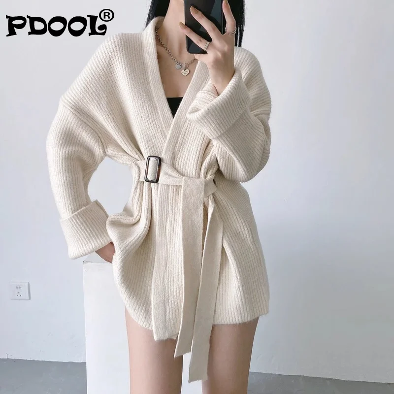 

Женский свободный вязаный кардиган с поясом, повседневный винтажный свитер в Корейском стиле на осень, 2021