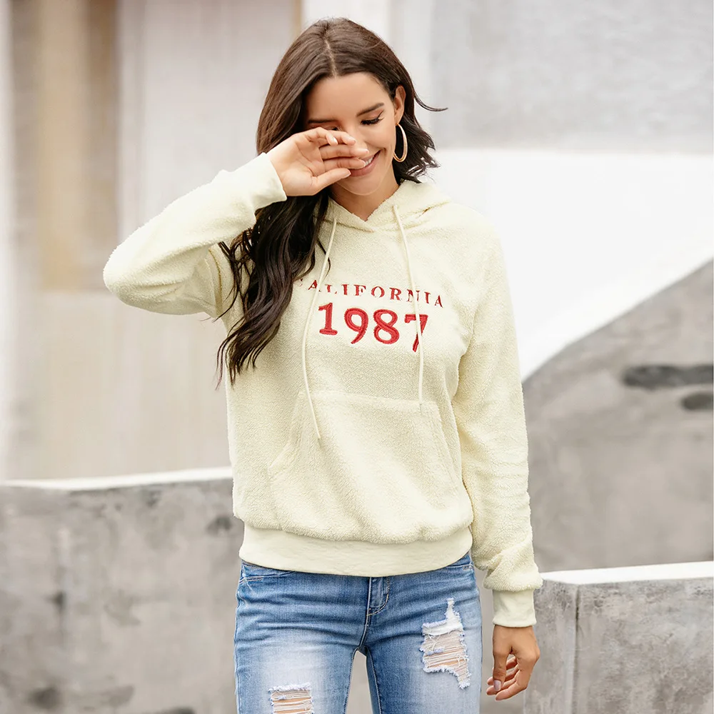

VS&LLWQ Autumn Winter Coat Hooded Loose Letter Embroidery Pocket Hoodies Womens Fleece Flannel Pullover Female Pocket Sweatshirt