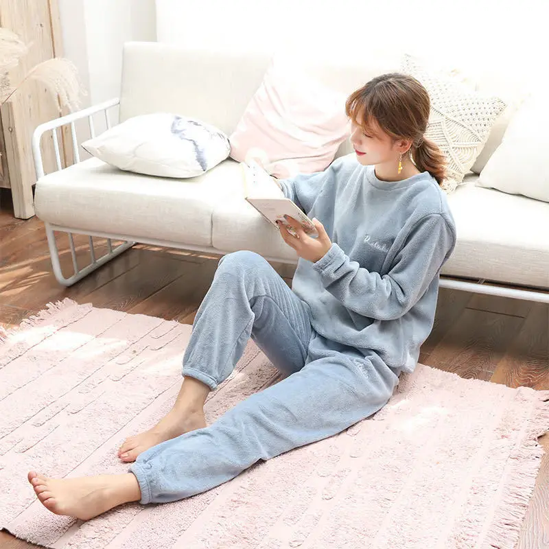 

Winter Pajamas Set Women Sleepwear Warm Coral Fleece Long Sleeves Pants Pajamas Pink Cute Casual Homewear Home Suit Lounge Wear