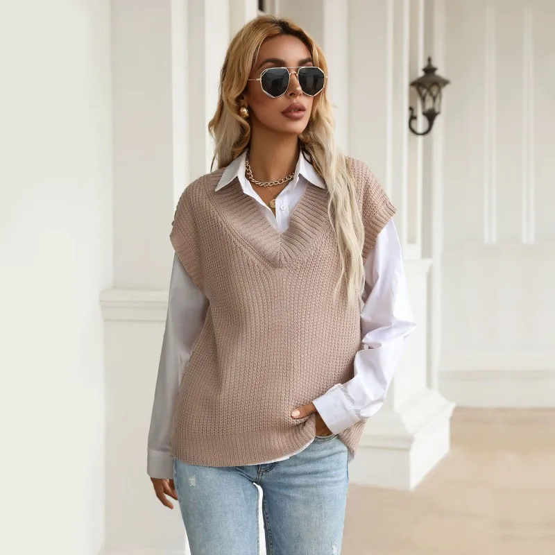 

Women's Sweater Vest Oversized Pullover Autumn Winter Clothes Jumper Blouse sleeveless garment V Neck Sweater Solid Long Tops